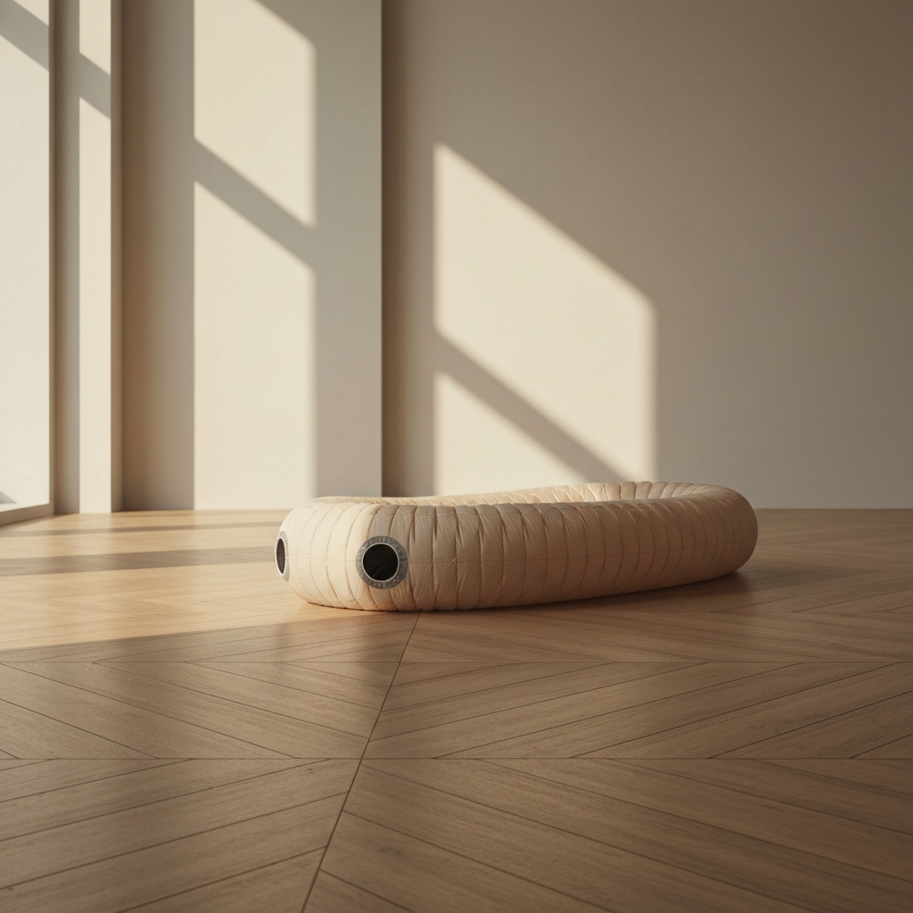 A complete parallette sitting on a wooden floor, end caps visible, warm indoor lighting.