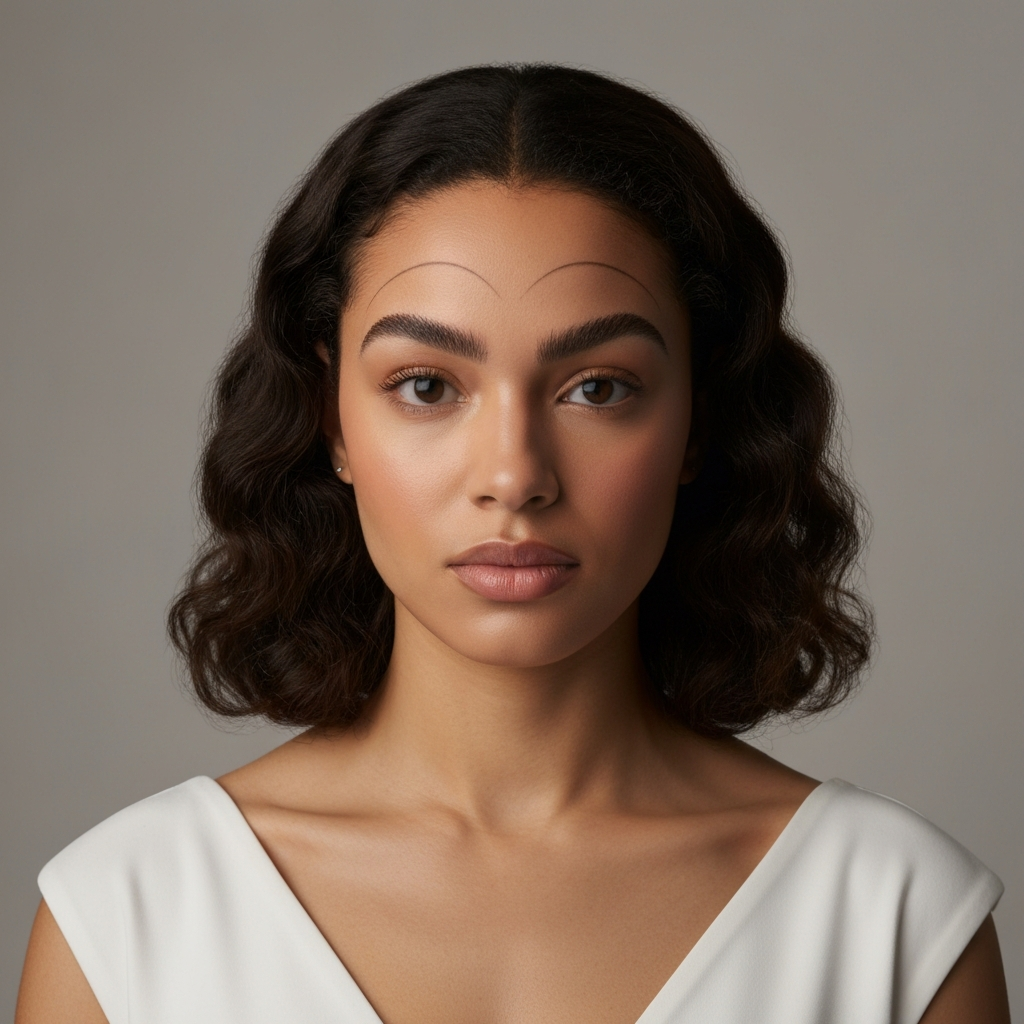 A woman with a heart-shaped face and arched middle eyebrows. The photo is taken in a studio setting with controlled lighting. The focus is on the central arch and its effect on the face's proportions.