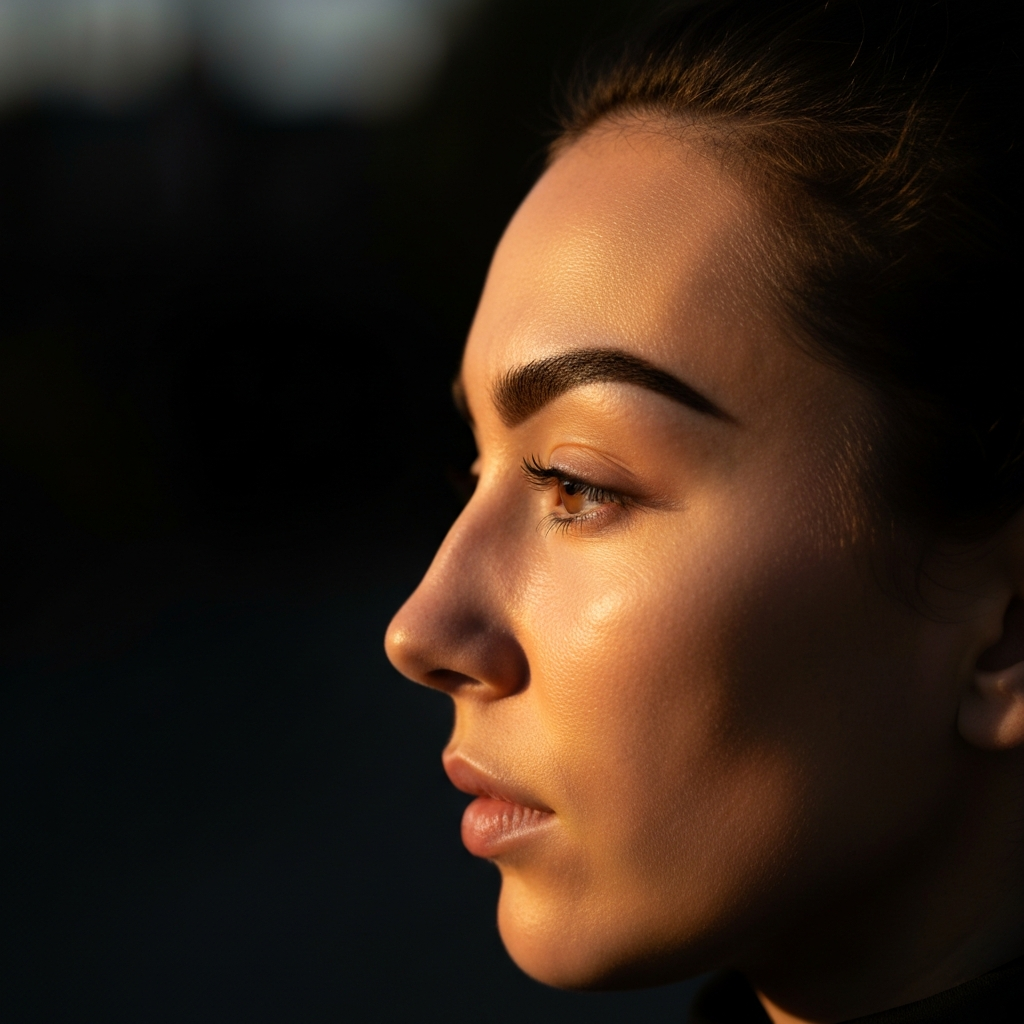 Profile shot of a woman with high arched eyebrows. The background is dark and blurred, emphasizing the shape of the brow against the face. Side lighting accentuates the arch and definition.