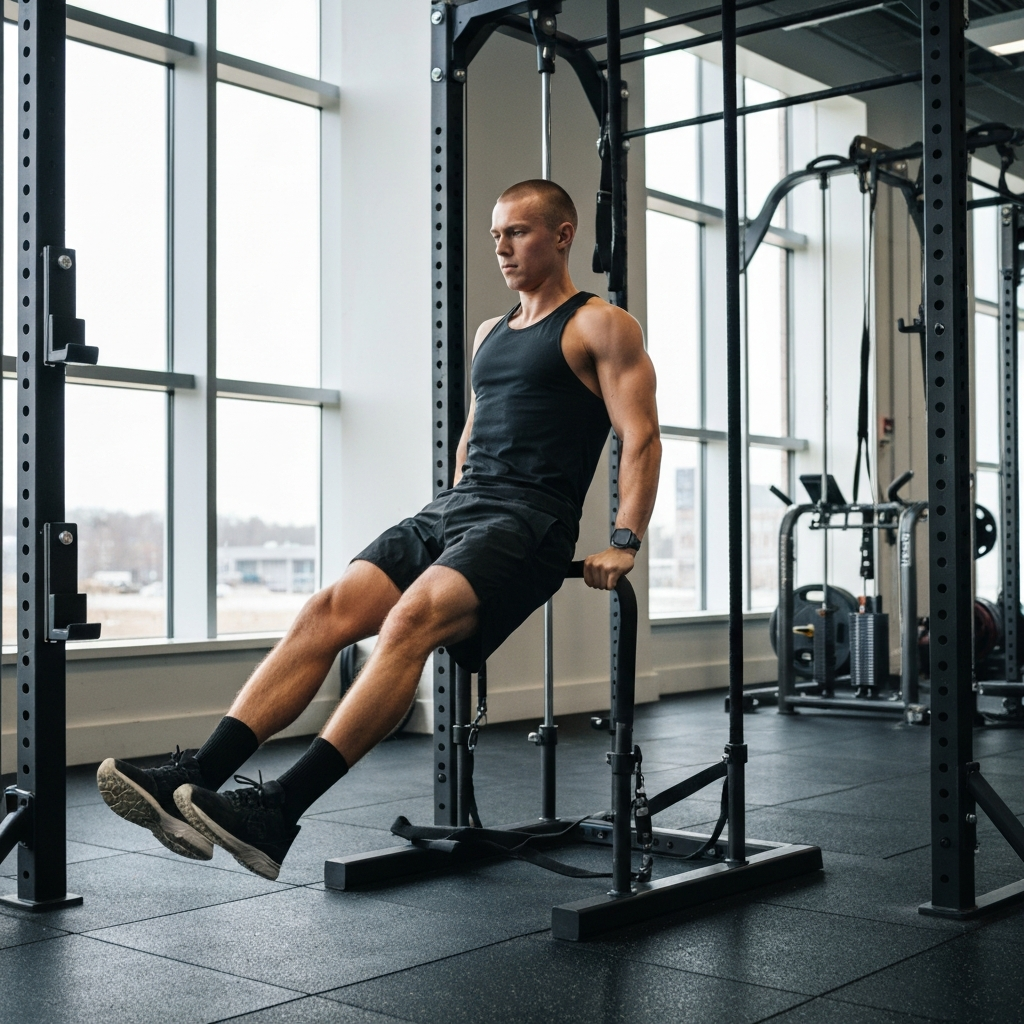 A person using the parallettes to perform an L-sit, professional gym environment, focus on form and stability.