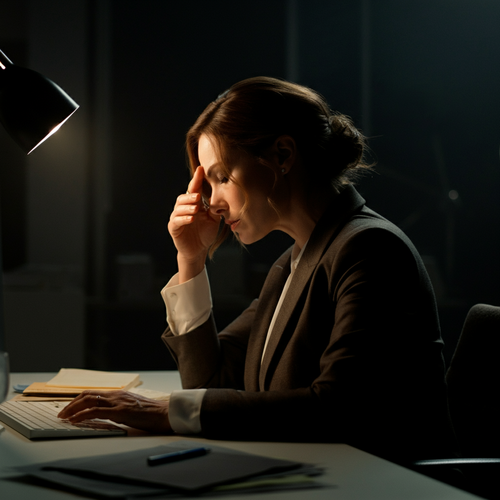 A woman sitting at a desk in a brightly lit office, consciously pulling her hand away from her face. She is well-dressed and professional. Soft bokeh in the background.