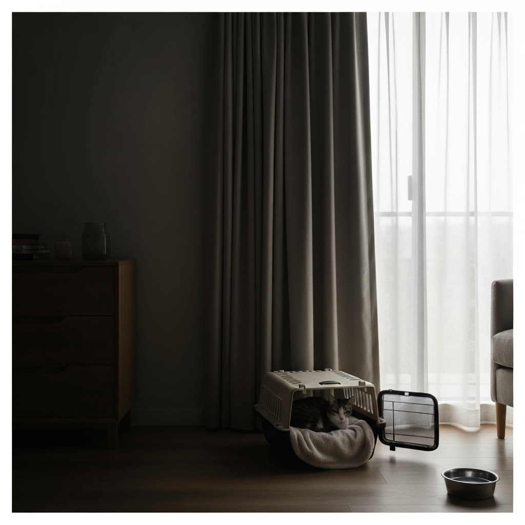 A dimly lit room. A cat is curled up on a soft blanket inside an open cat carrier. The room is quiet, and soft light filters through the partially closed curtains. A bowl of fresh water is nearby.