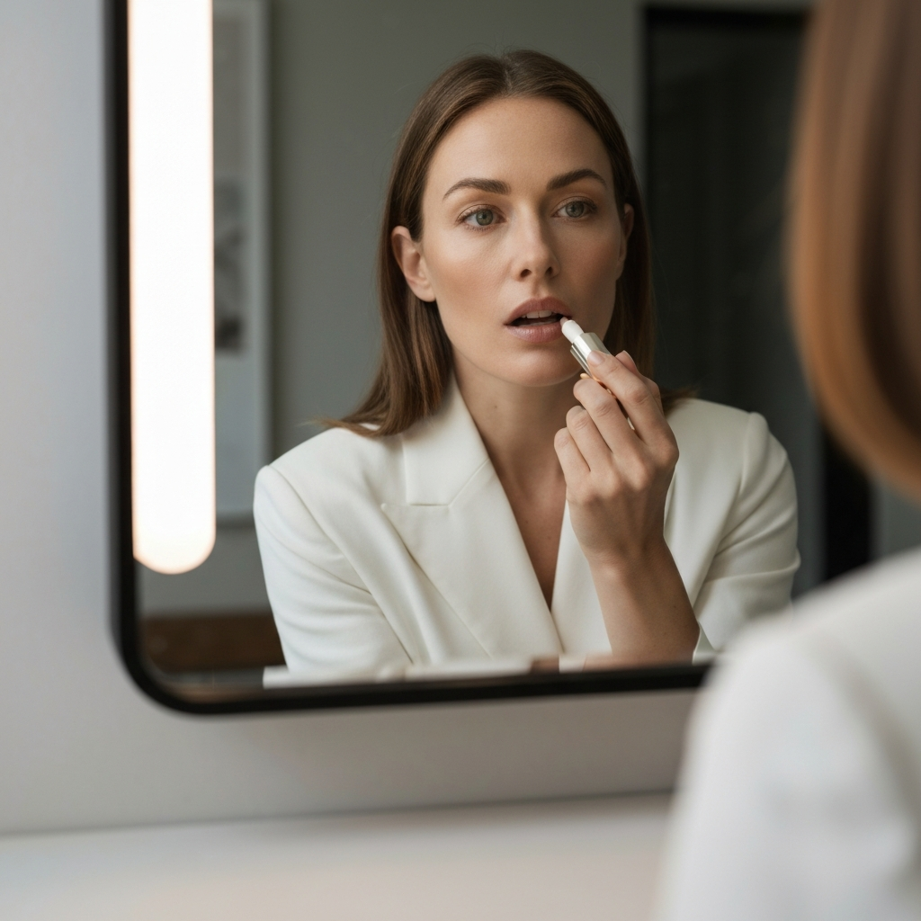Close-up of a woman applying lip balm in front of a vanity mirror. Soft, diffused lighting emphasizing the texture of the balm and lips.