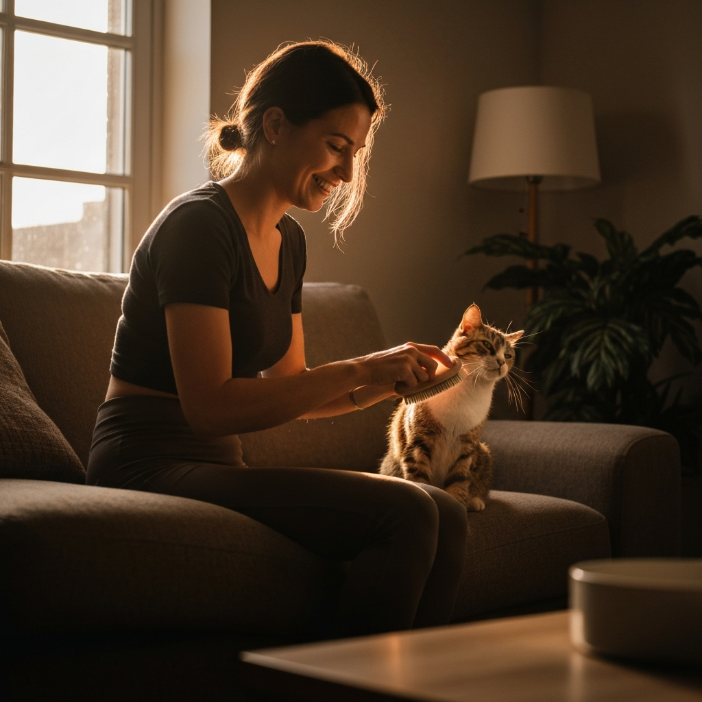 A woman is gently brushing a cat in a well-lit living room. The cat is purring, and the woman is smiling. The scene is warm and inviting, with natural light coming through the window.