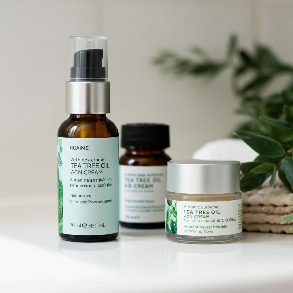 Close-up of skincare products in a white bathroom. Natural lighting. A bottle of tea tree oil and acne cream are in focus. A plant provides visual interest.