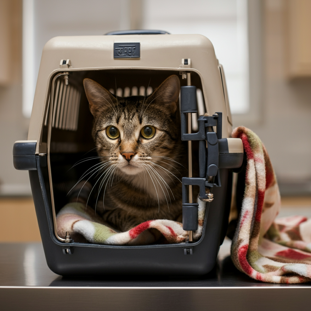 A cat carrier sits on a table in a vet's office. The carrier is partially covered with a blanket, and the cat is peering out cautiously. The light is soft and diffused.