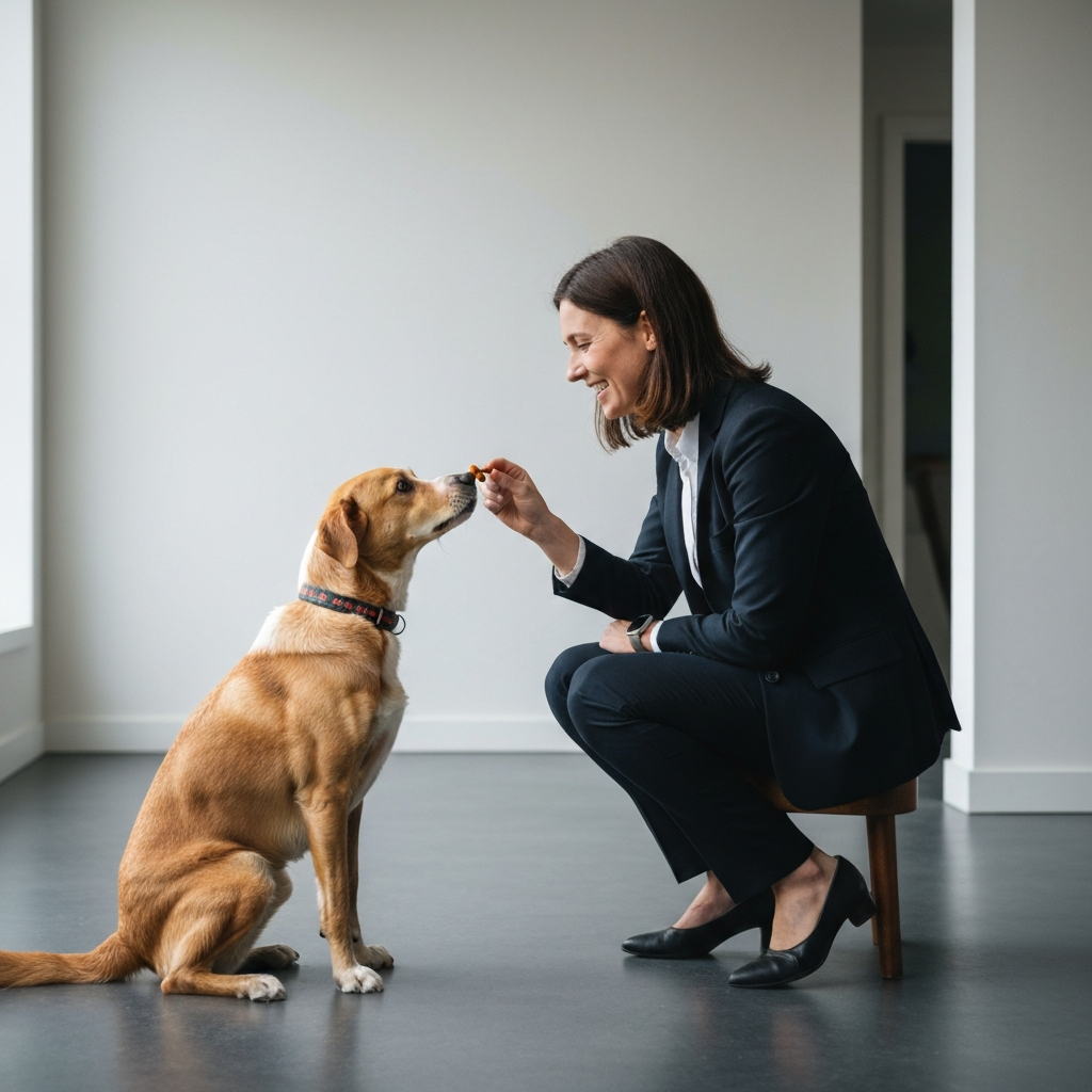 A woman is offering a small treat to a dog. The dog is sitting patiently, and the woman is smiling. The background is slightly blurred, focusing attention on the interaction between the woman and the dog.