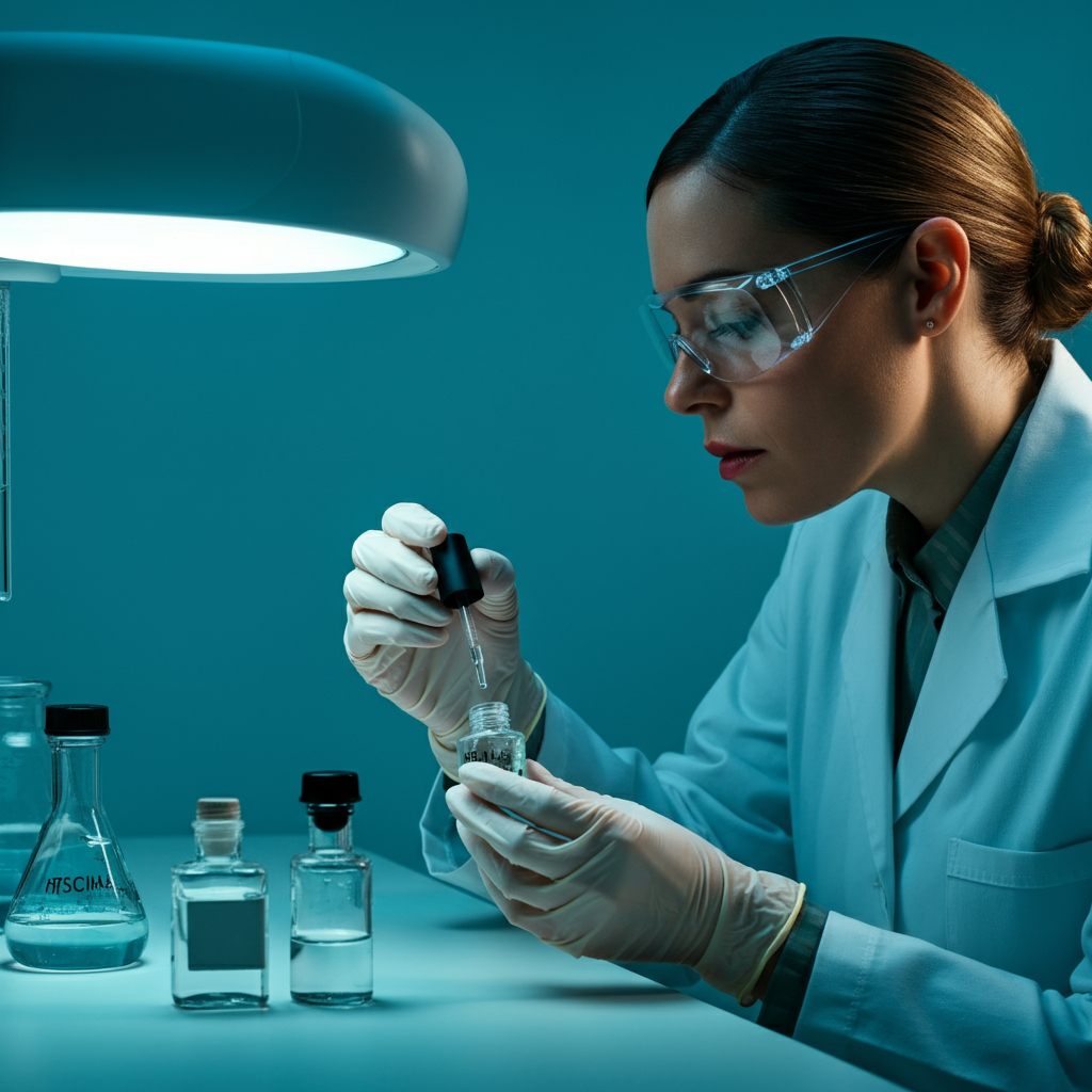 A woman in a bright, sterile laboratory setting applying a clear, bitter-tasting nail polish. A lab coat and safety glasses are visible.