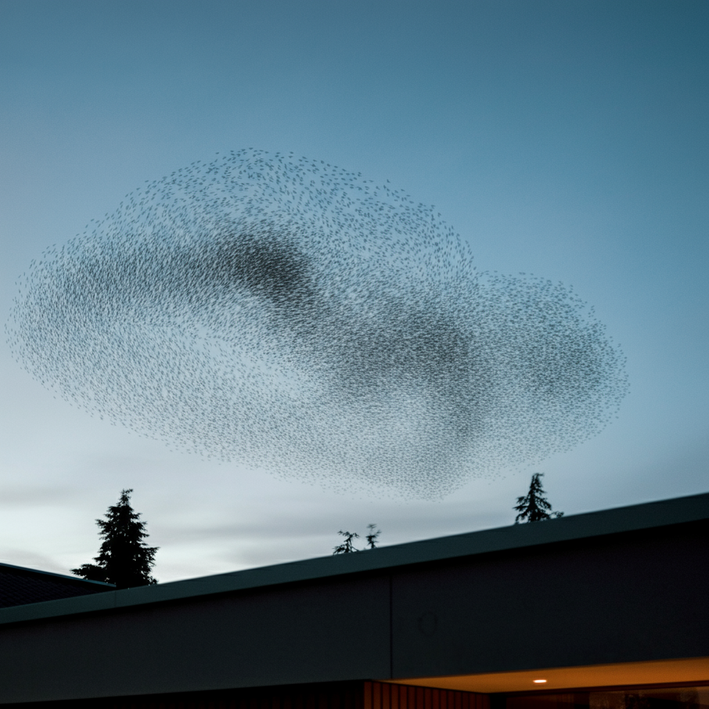 A wide shot of a murmuration of starlings swirling in the sky. The birds form a complex, fluid shape against a twilight sky. Silhouetted trees are visible in the foreground.