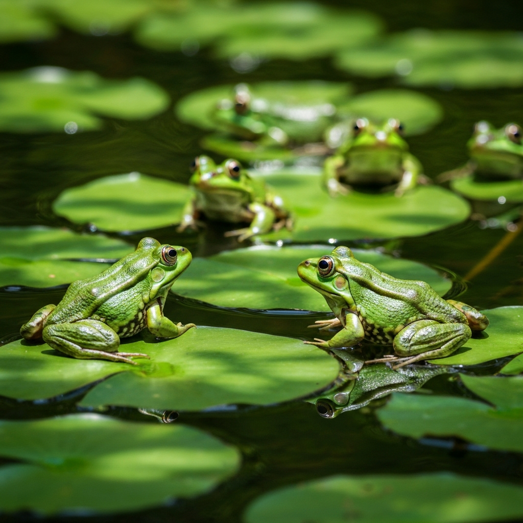 A close-up of a group of green frogs sitting on lily pads in a pond. The sunlight filters through the leaves, creating dappled shadows on their skin. The water is still and reflects the surrounding greenery.