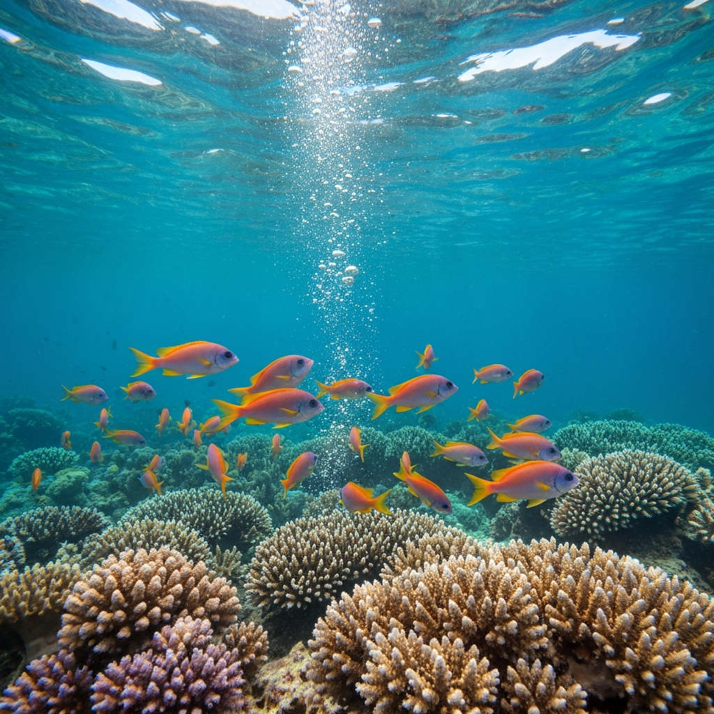 An underwater shot of a school of brightly colored fish swimming through a coral reef. The sunlight streams through the water, illuminating the vibrant coral and the fish's scales. Bubbles rise to the surface.