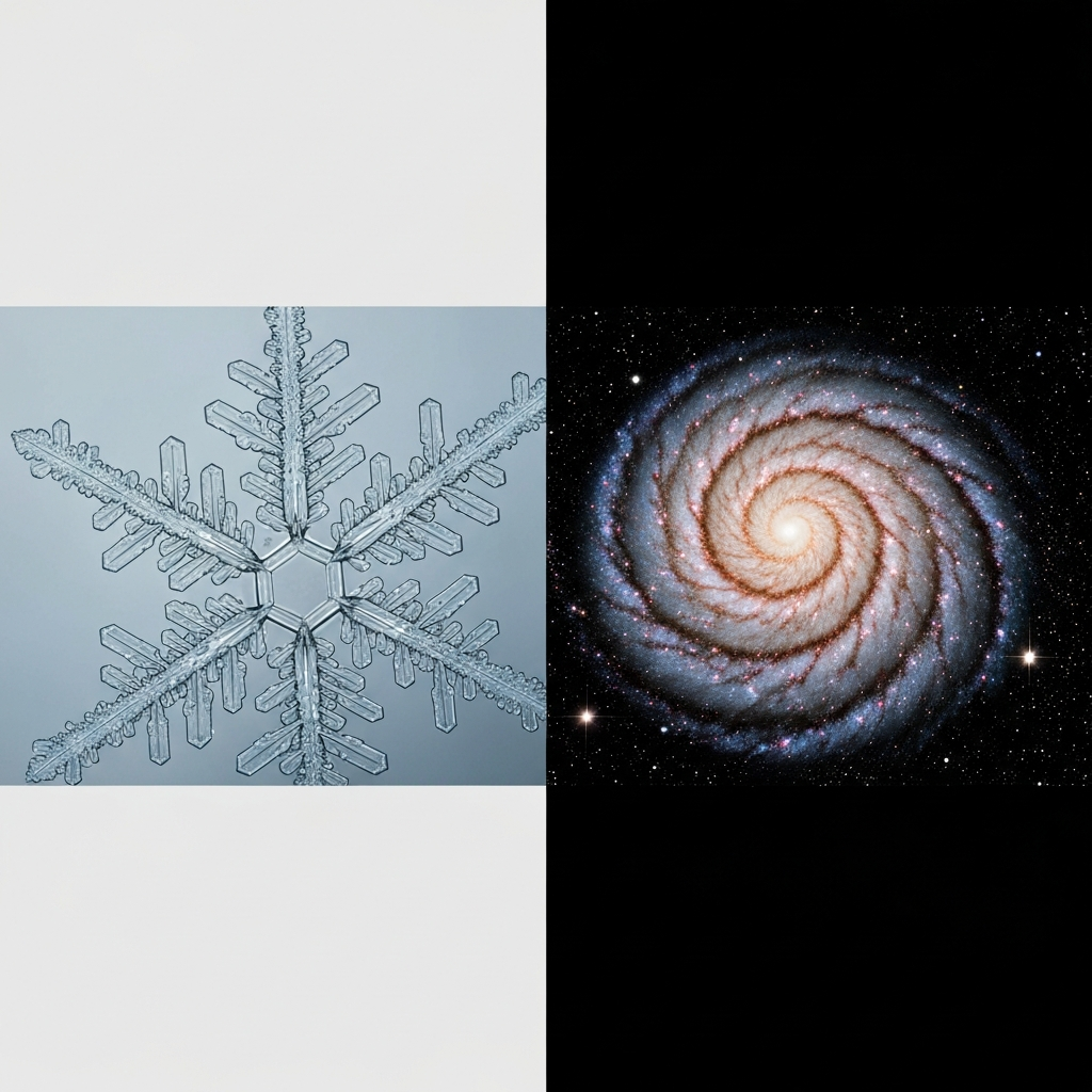 A split-screen composition. On one side, a close-up of a snowflake's intricate crystalline structure. On the other, a Hubble telescope image of a spiral galaxy. The lighting is even and natural, highlighting the delicate details of both subjects.