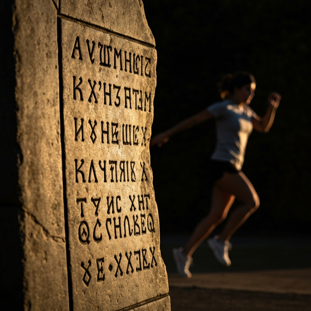 A close-up shot of a weathered, ancient-looking tablet inscribed with cryptic symbols. The tablet is side-lit, creating strong shadows and highlighting the texture of the stone. The background is intentionally blurred.