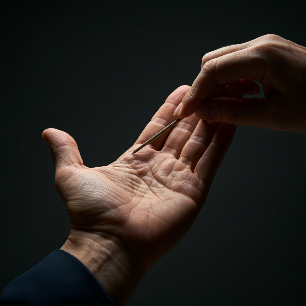 A person's hand, palm up, with subtle lighting highlighting the lines and creases. An unseen hand gently points to a specific line with a delicate pointer. The background is dark and out of focus, drawing attention to the intricate details of the palm.