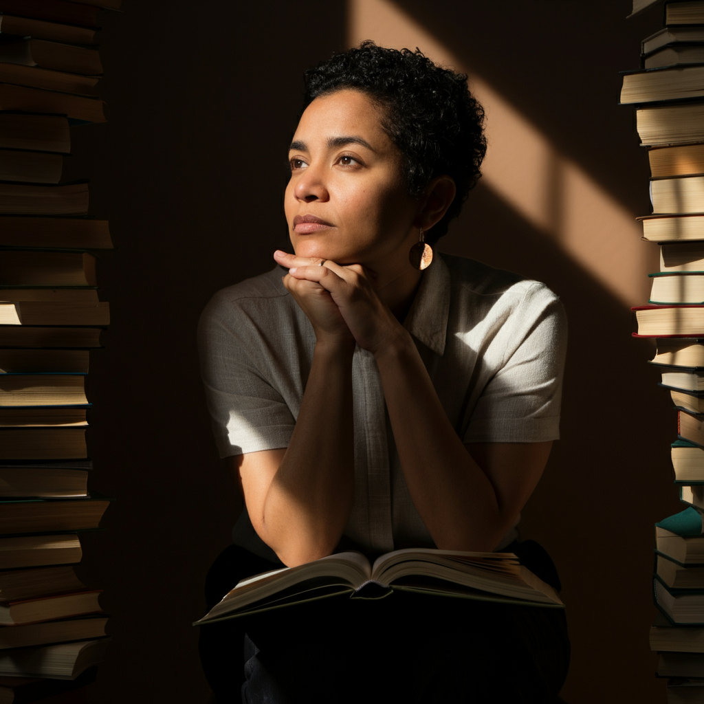 A person sitting in a contemplative pose, surrounded by books and natural light. Their expression is thoughtful and questioning. The scene conveys a sense of inner reflection and a search for deeper understanding.