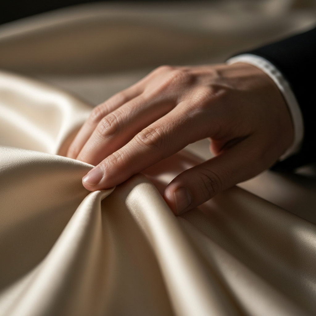 Close-up of a hand gently touching a piece of silk fabric. Focus on the way light plays on the material, highlighting the texture and drape. Soft, diffused lighting.