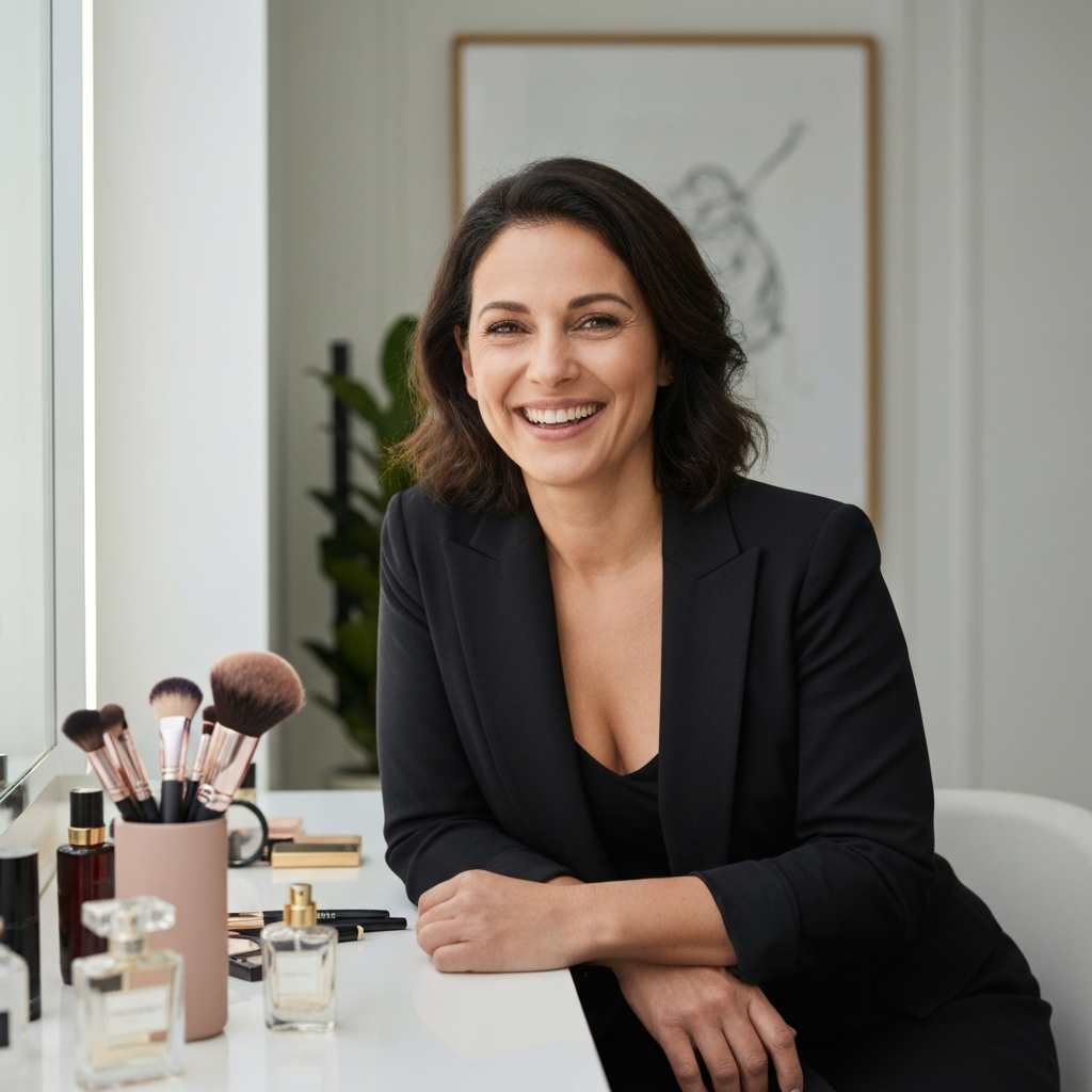 A woman smiling genuinely, sitting at a vanity table in a well-lit room. She is fully dressed, and the focus is on her warm expression and confident posture. Soft focus background with makeup brushes and perfume bottles.