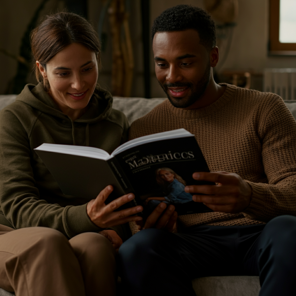 A couple sitting on a sofa, looking through a catalogue together. Both are fully dressed and smiling, engaged in conversation. Warm, natural light fills the room. Focus on the catalogue and their expressions.