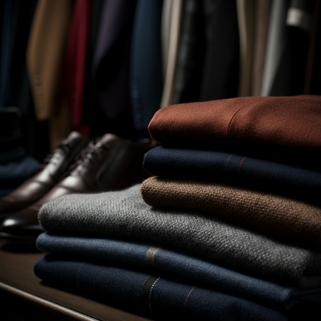 A neatly organized display of various clothing items in a boutique. Focus on the textures and colors of the fabrics, with a soft bokeh effect in the background. Well-lit, professional setting.