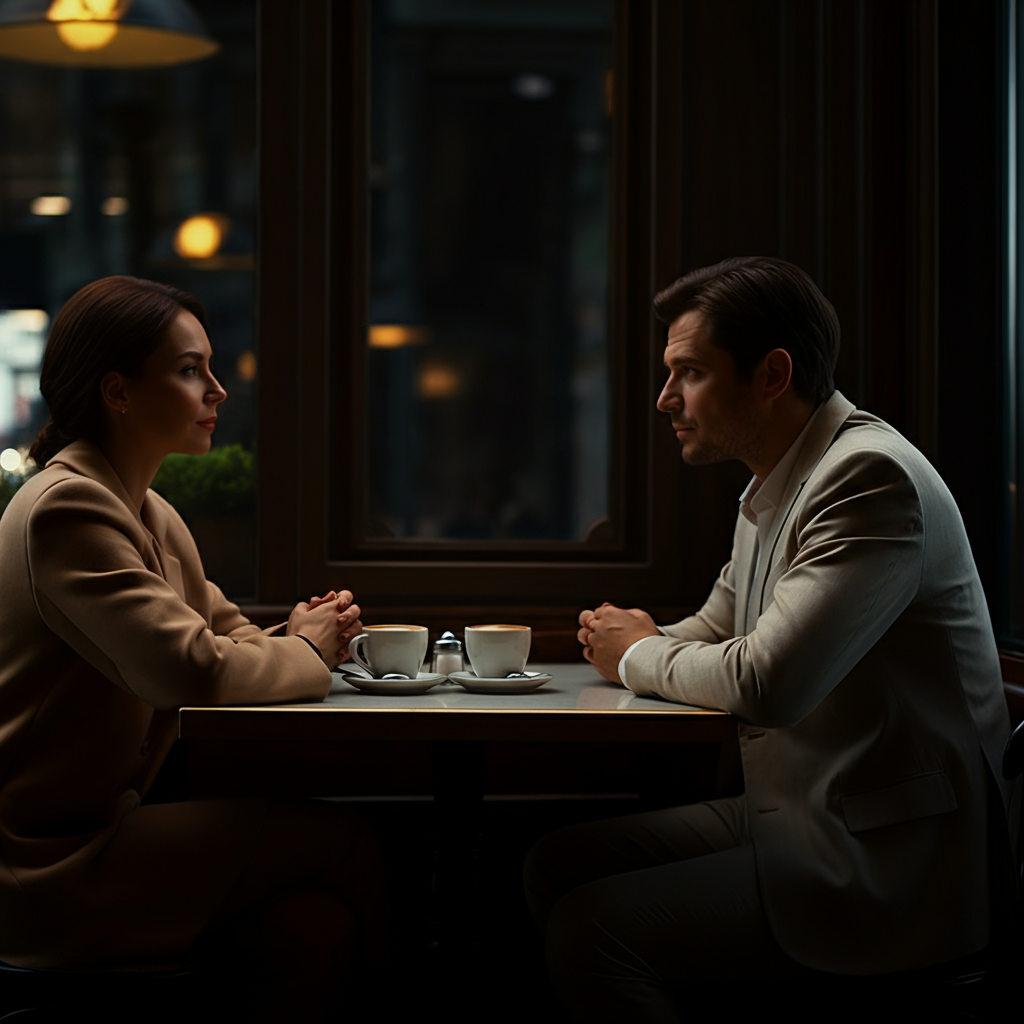 A couple having coffee at a table in a cafe. They are engaged in conversation, with relaxed body language. Soft, natural lighting. Focus on their faces and the connection between them.