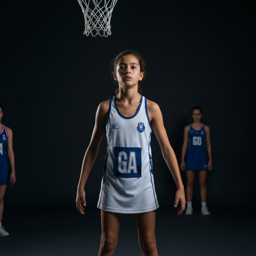 A young netball player takes a deep breath before a free throw, focusing intently on the hoop. Soft focus on the background players.