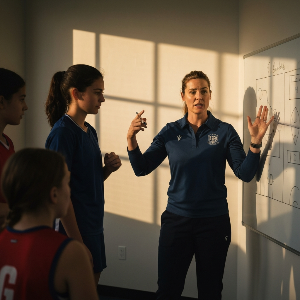 A netball coach explains a play to a group of young players on a whiteboard, using diagrams and hand gestures. Golden hour lighting streams in from the window.