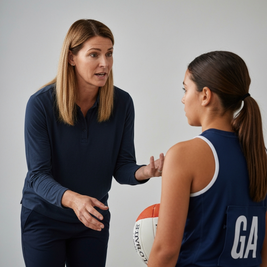 A netball coach speaks to a young player after tryouts, offering constructive feedback and encouragement. Soft, supportive lighting creates a warm atmosphere.