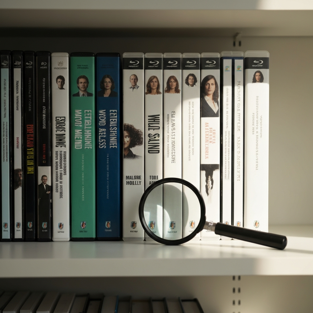 A shelf filled with DVD and Blu-ray cases of the films mentioned. Titles are visible but slightly blurred in the background. The foreground features a magnifying glass resting on the spine of "Eternal Sunshine of the Spotless Mind". Natural window light creating a soft glow.