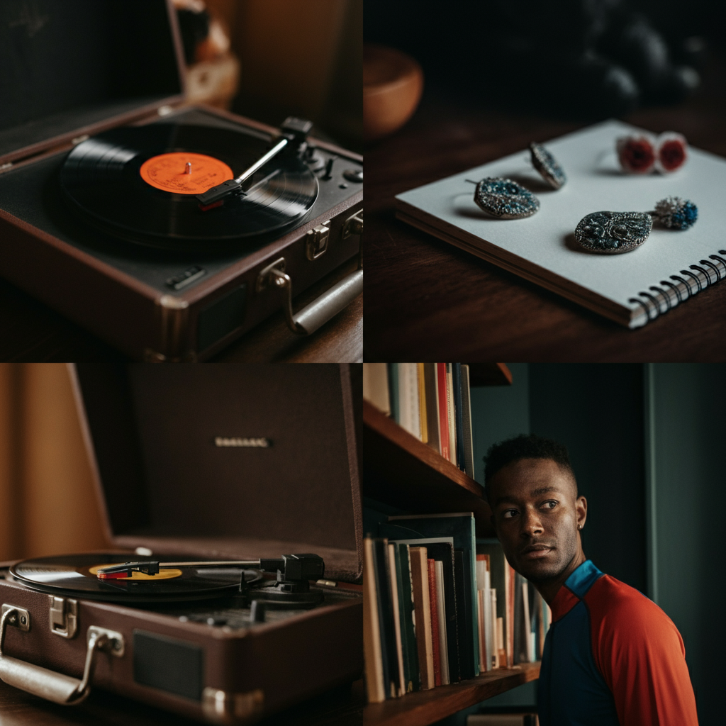 A collage of close-up images showcasing typical MPDG traits: a vintage record player, a collection of mismatched earrings, a person sketching in a notebook, and a shelf of colorful, well-loved books. All images are side-lit to enhance texture and detail.