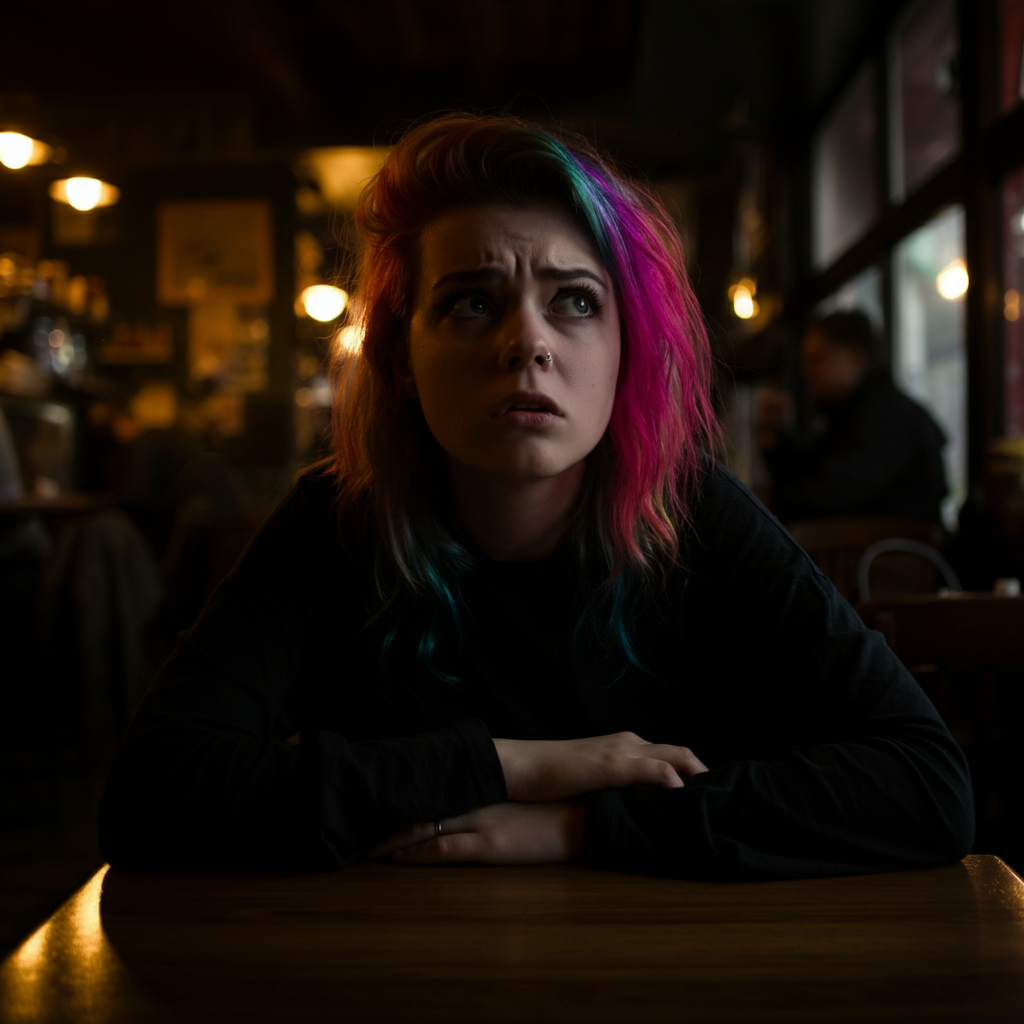 A dimly lit cafe interior. A woman with brightly colored hair sits alone at a table, looking slightly lost and confused. Soft bokeh of other patrons in the background. Focus on the woman's expressive eyes.