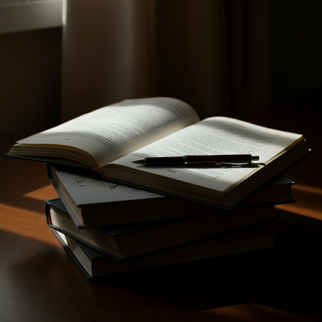 A stack of books on film theory, with a pen lying across the top. One book is slightly open, revealing highlighted passages about character archetypes. Natural light streaming from a nearby window.