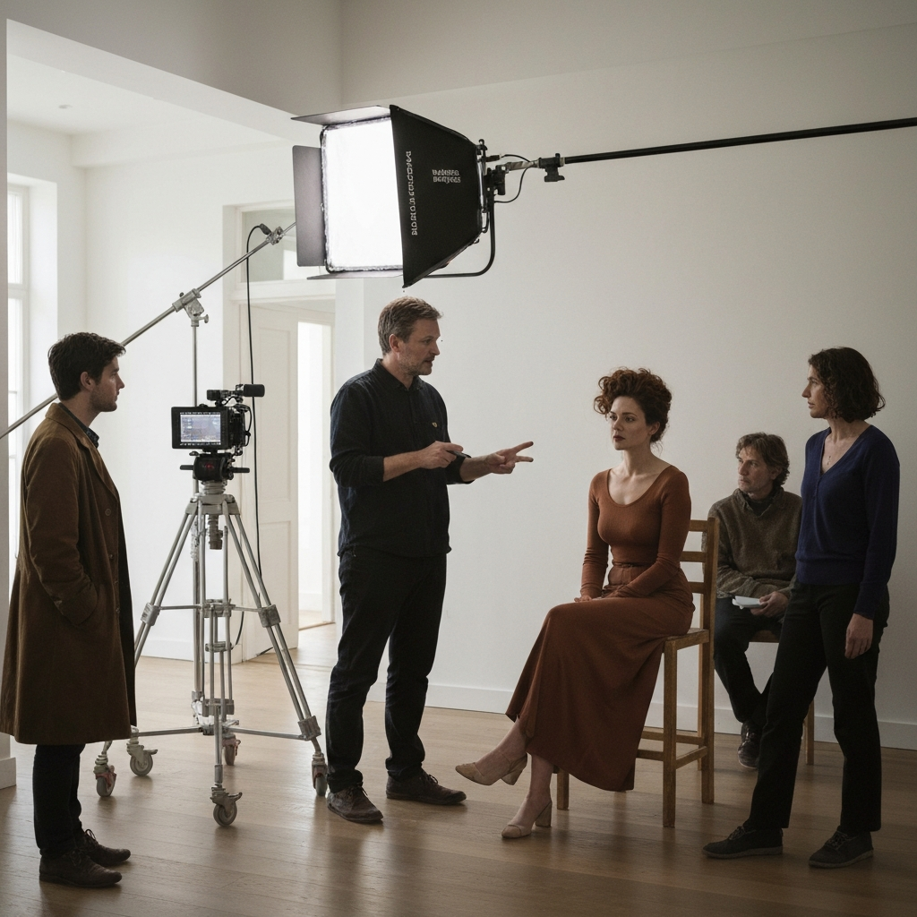 A film set with modern equipment. A director is giving notes to an actress portraying a character with a unique style. The lighting is professional and focused, creating a sense of creative collaboration. Everyone is dressed in comfortable, but appropriate clothing.