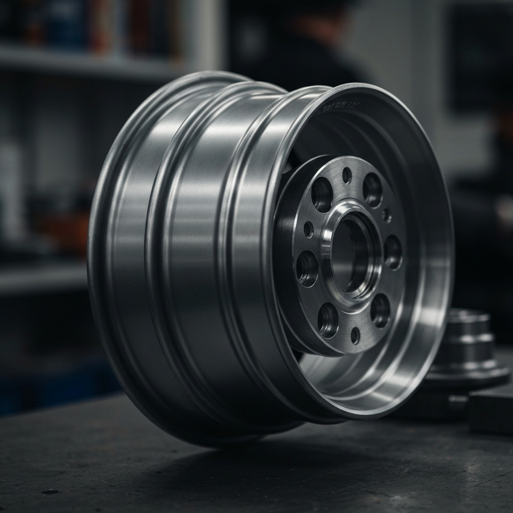 A close-up, side-lit shot of a bare alloy wheel resting on a workbench. Focus on the details of the hub mounting surface, capturing the metallic texture and subtle reflections. Soft bokeh in the background to keep the wheel sharp.