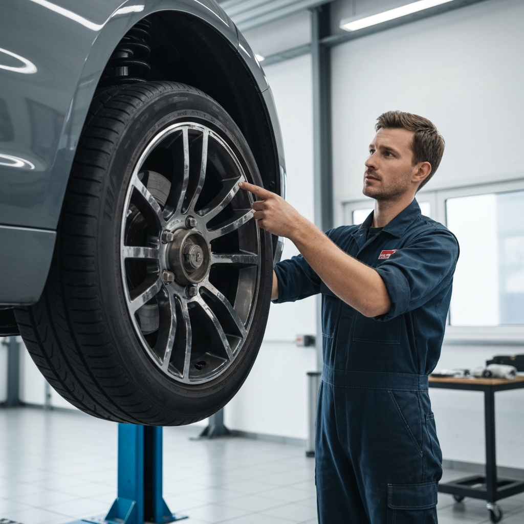 A mechanic in a clean workshop, professionally dressed in work attire, pointing to the hub of a car. The lighting is bright and even, highlighting the intricate details of the suspension components. The car is clean and well-maintained.