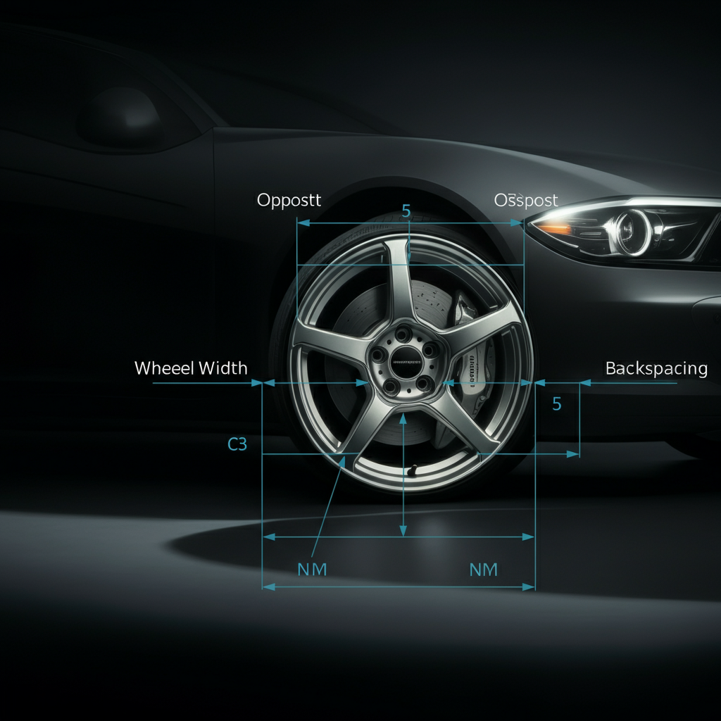 A diagram illustrating the relationship between wheel width, offset, and backspacing. Use clear and concise labels and arrows to show the measurements. The diagram is clean, professional, and easy to understand.