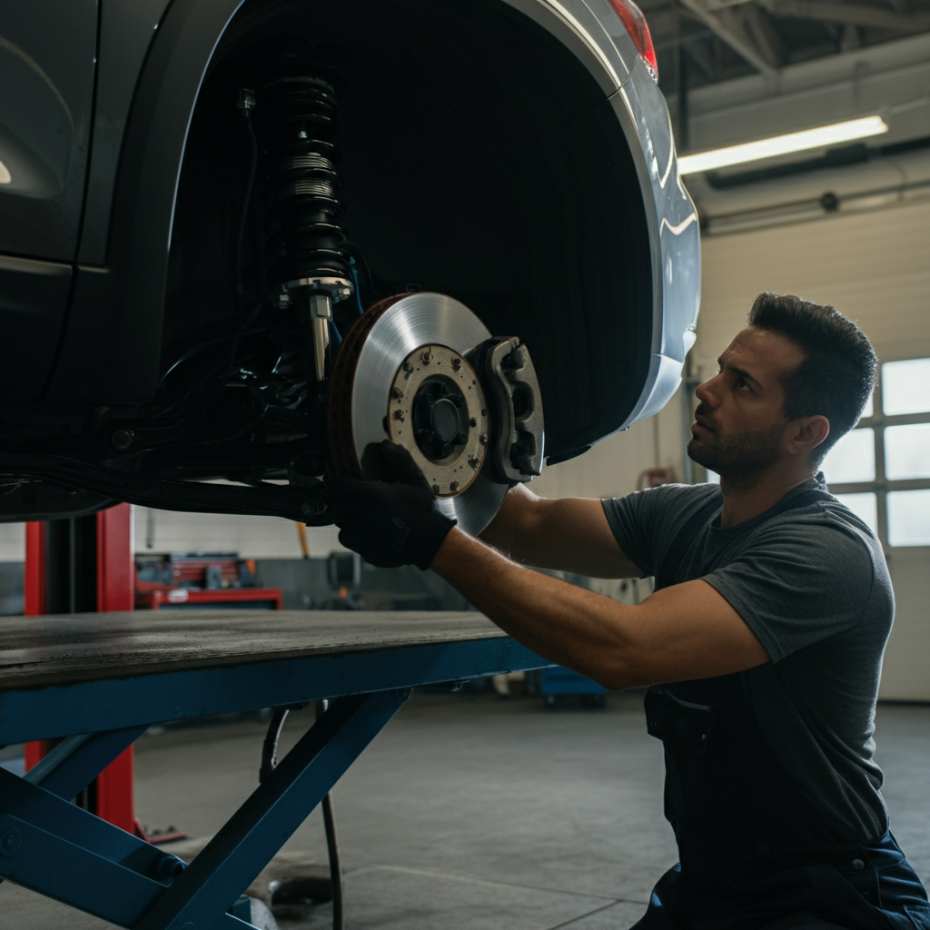 A car lift in a well-lit automotive shop. A mechanic is inspecting the suspension system of a vehicle. The scene is clean and organized, highlighting the professional environment.