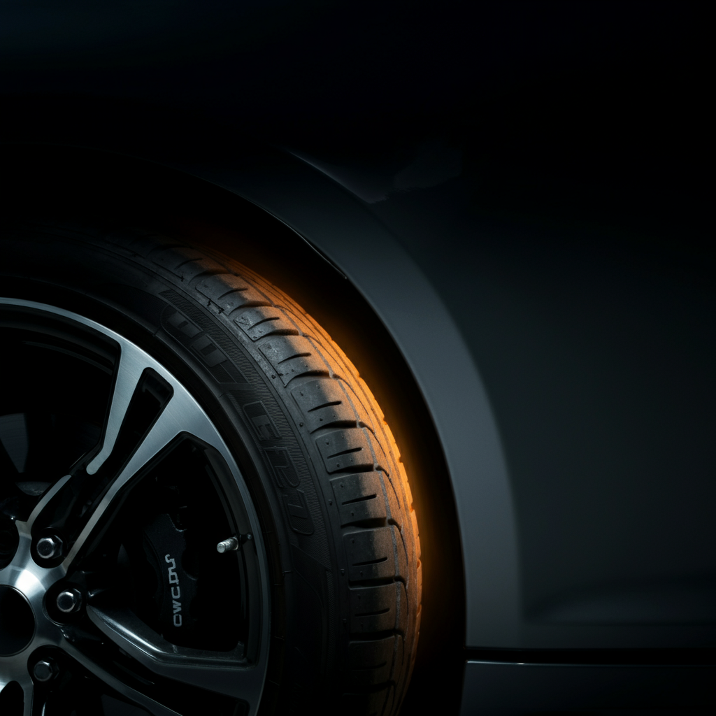 A close-up shot of a tire rubbing against the strut of a car. The lighting is focused on the contact point, highlighting the friction and potential damage. The scene is dramatic and visually emphasizes the problem.