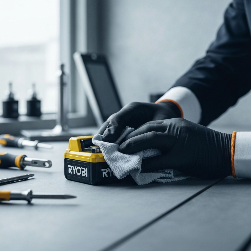 A gloved hand cleaning the metal contacts of a Ryobi battery with a soft cloth. The background is a clean workbench with various tools neatly arranged. Focus is on the texture of the battery surface and the cleanliness of the cloth.