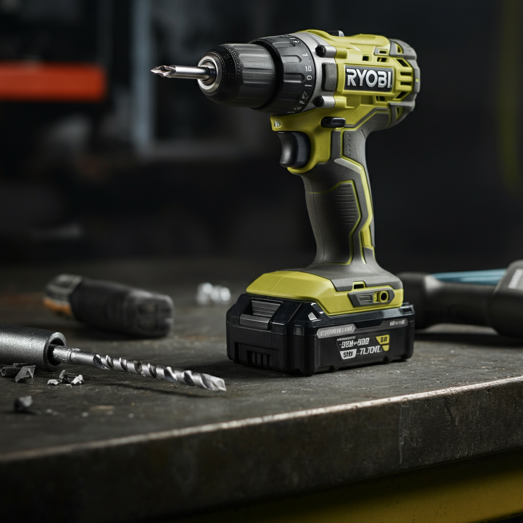 A Ryobi cordless drill with a battery inserted, resting on a workbench. The drill is positioned as if it's about to be used. The lighting is soft and even, showcasing the drill's texture and design.