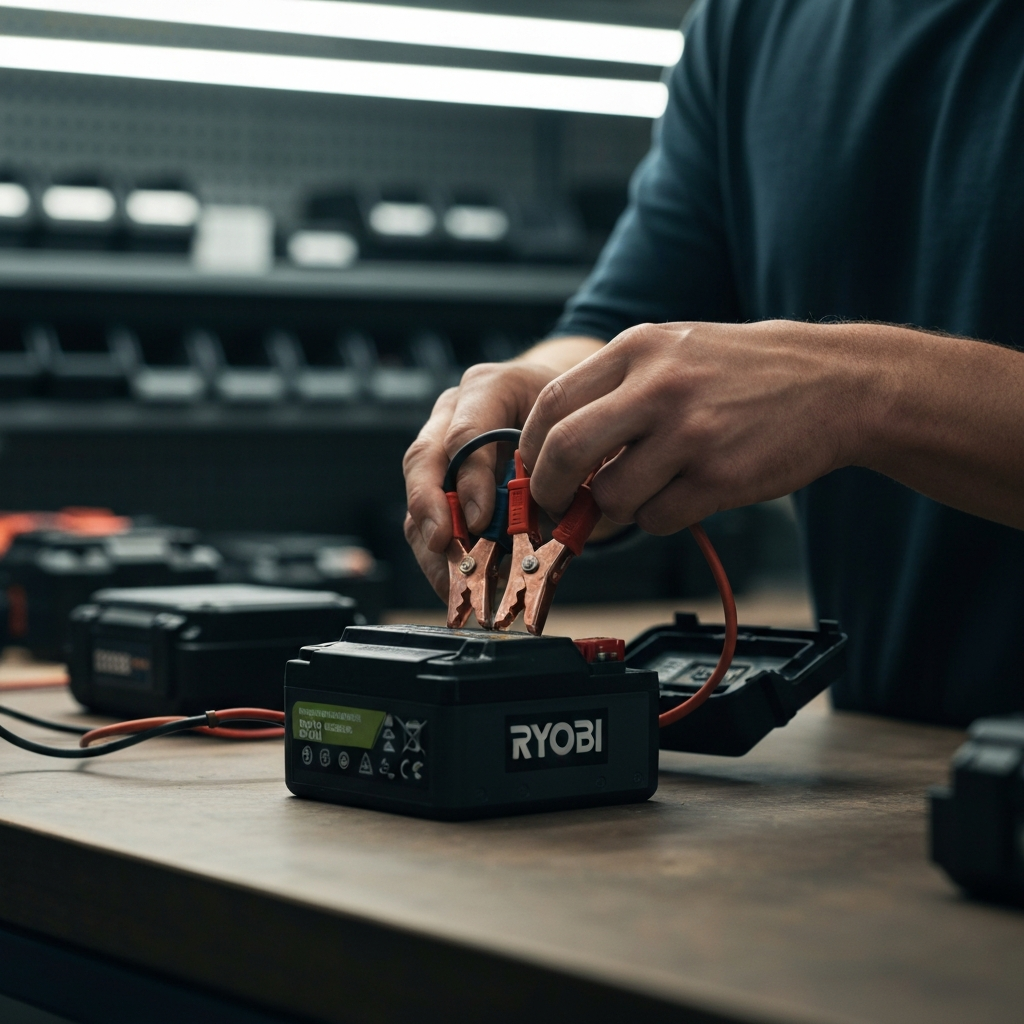 A close-up of a hand carefully connecting jumper cables to the terminals of an open Ryobi battery. The background is a well-lit, organized workshop. Emphasis is on safety and precision.