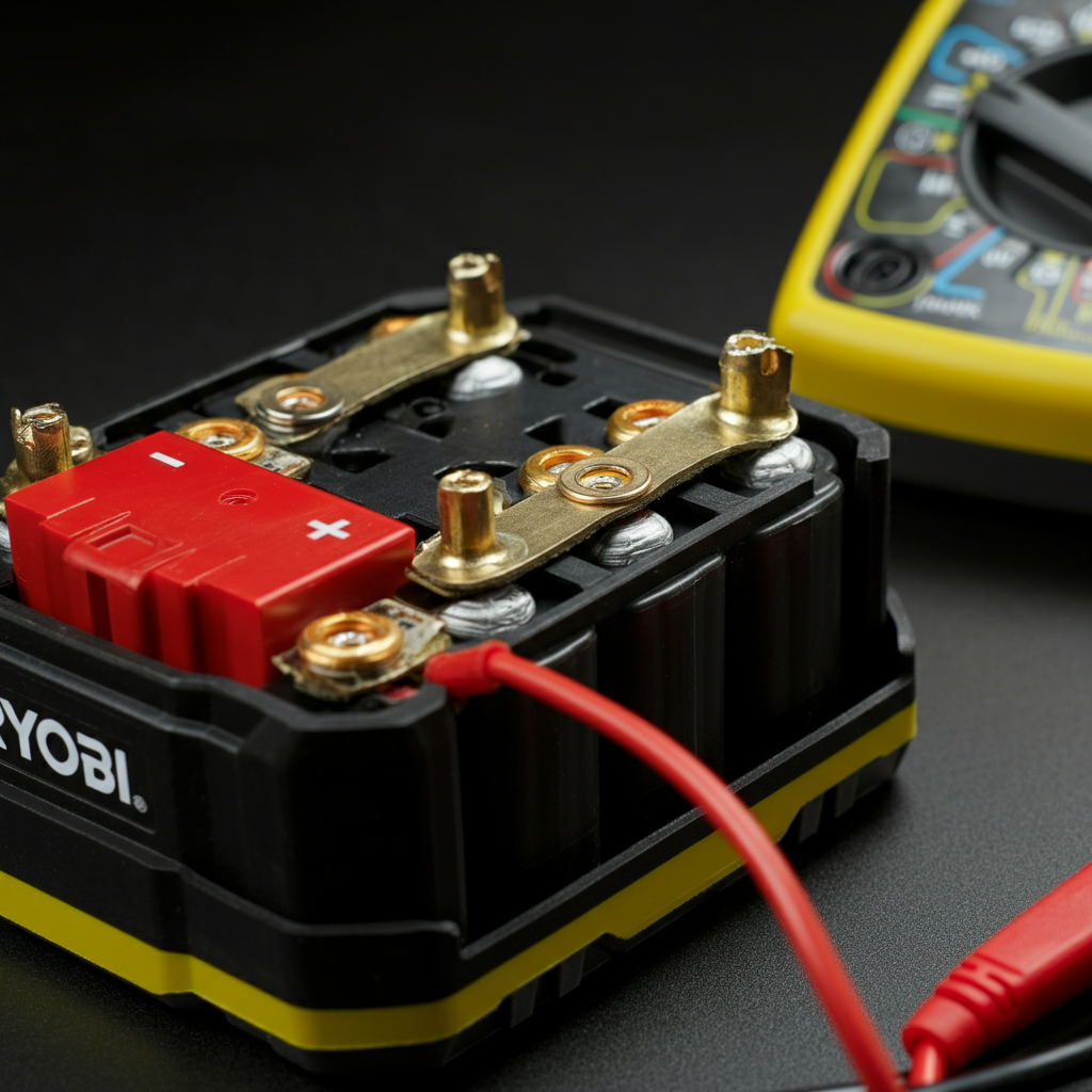 A close-up of the internal battery cells of a Ryobi battery pack, with the positive and negative terminals clearly marked. A multimeter rests nearby. The lighting is focused and precise.