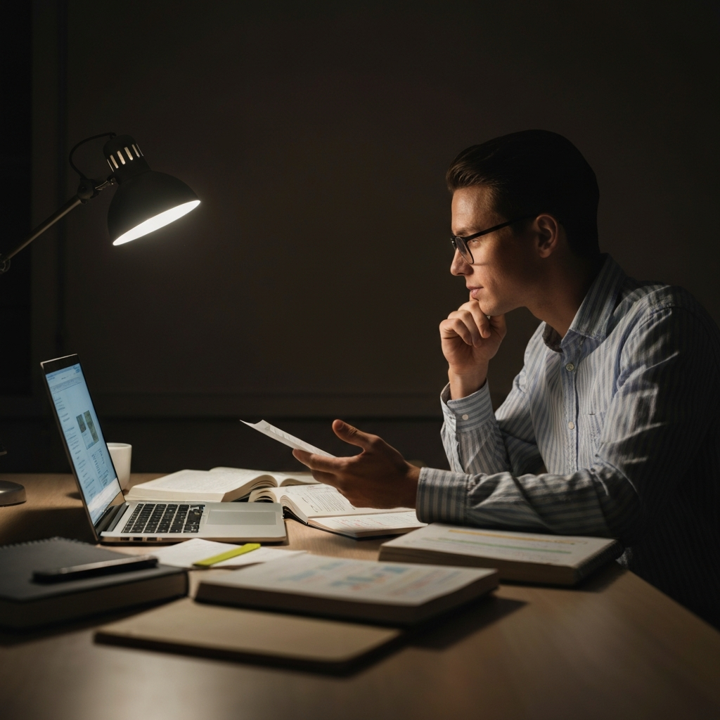 A person sitting at a desk, illuminated by the soft glow of a laptop screen, surrounded by textbooks and notebooks. They are thoughtfully comparing notes and highlighting information.