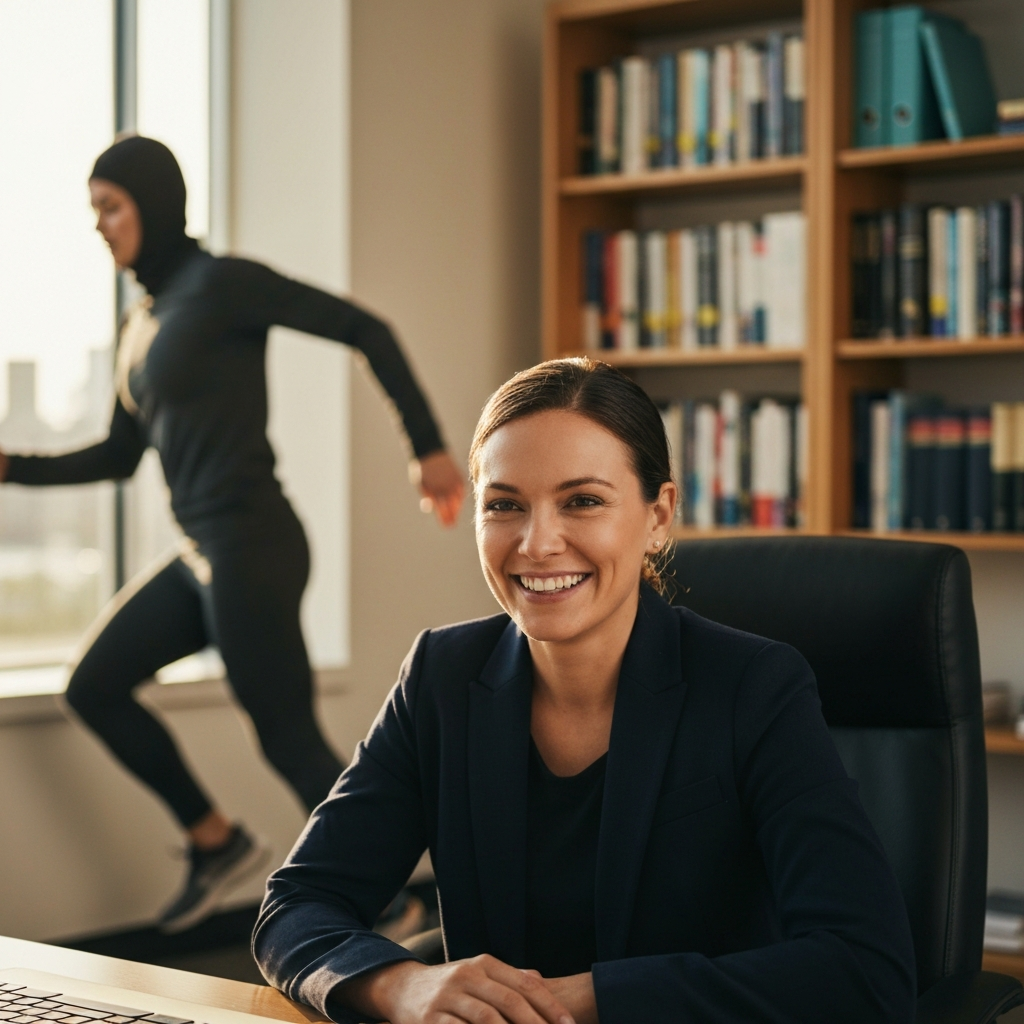 An academic advisor in their office, professionally dressed and smiling warmly, engaged in a video call with a prospective student. The office is well-lit and organized, with bookshelves in the background.