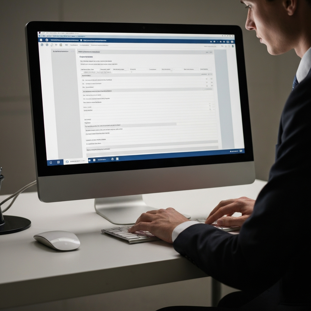 A person working at a computer, carefully filling out an online application form. The lighting is focused on the screen and the person's hands as they type.