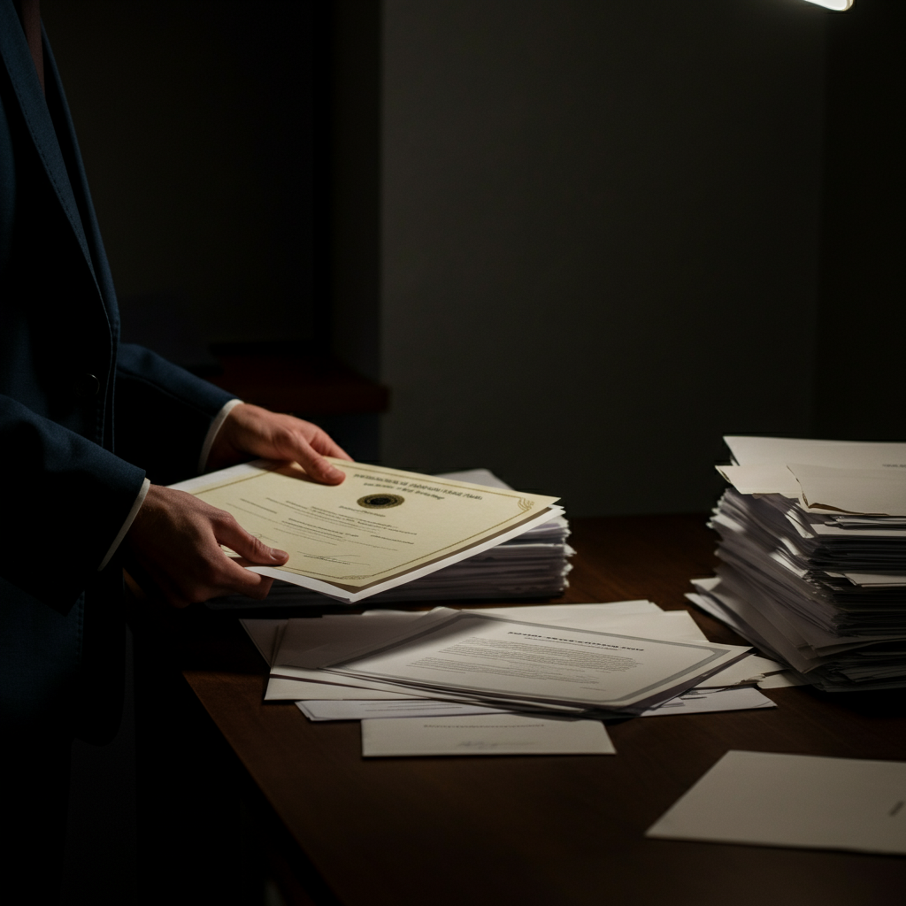 A student organizing various documents, such as transcripts, letters, and certificates, in a neat stack on a desk. The lighting is bright and even.