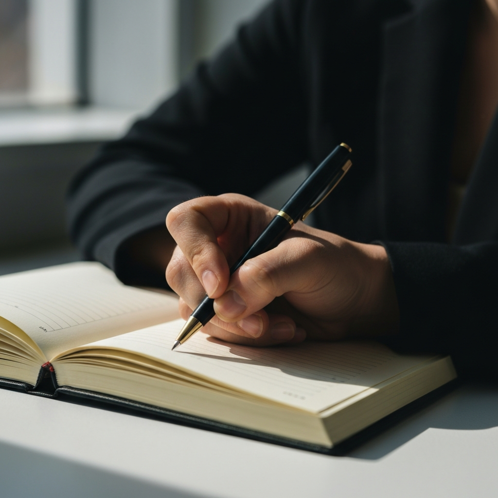 Close up of a hand writing in a journal with a pen. Soft, natural light coming from a nearby window, casting subtle shadows on the textured paper.