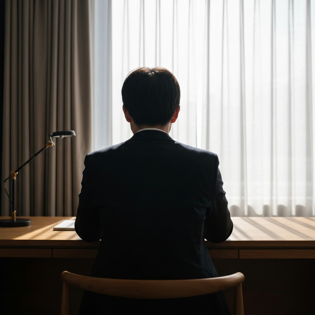 A person sitting at a wooden desk, facing away from the camera. Sunlight filters through sheer curtains, creating a calming atmosphere. The focus is on the back of their head and shoulders, conveying thoughtfulness and introspection.