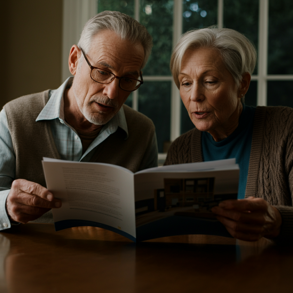 Two people, one elderly and one middle-aged, sitting at a table, looking at brochures for assisted living facilities. The scene is brightly lit with natural light, and the focus is on their faces as they discuss the options.