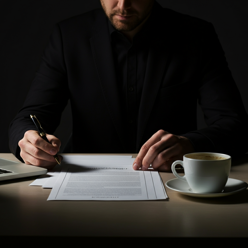 A person sitting thoughtfully at a desk, reviewing documents and making notes. The lighting is soft and focused, highlighting the details of their work. A cup of coffee and a pen are also visible on the desk.