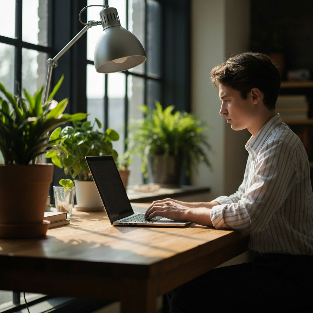 A sun-drenched home office with a millennial working on a laptop. The scene focuses on the texture of the wooden desk and the soft bokeh of the plants in the background.